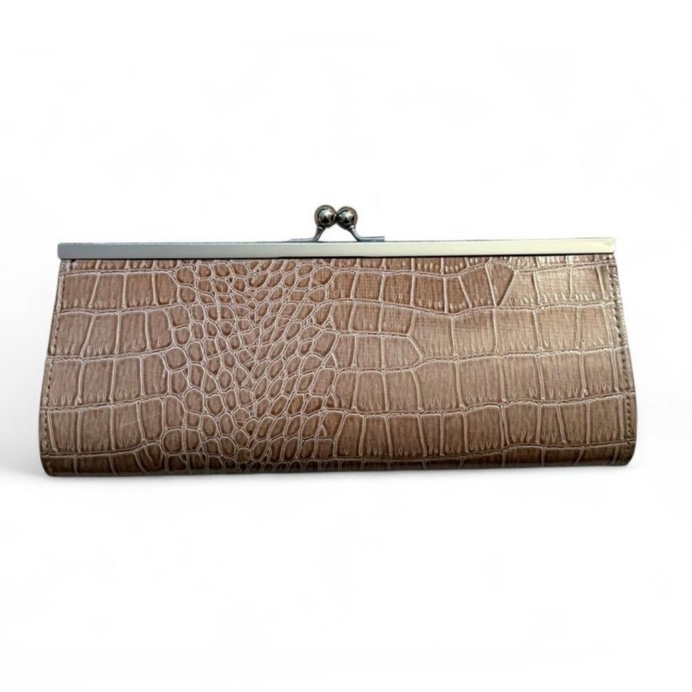 Elegant mauve crocodile print clutch bag with silver chain strap